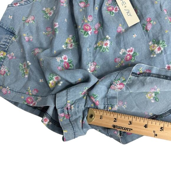 She and Sky Floral Chambray Shorts Blue Drawstring Waist‎ Women's Medium New - Picture 4 of 8